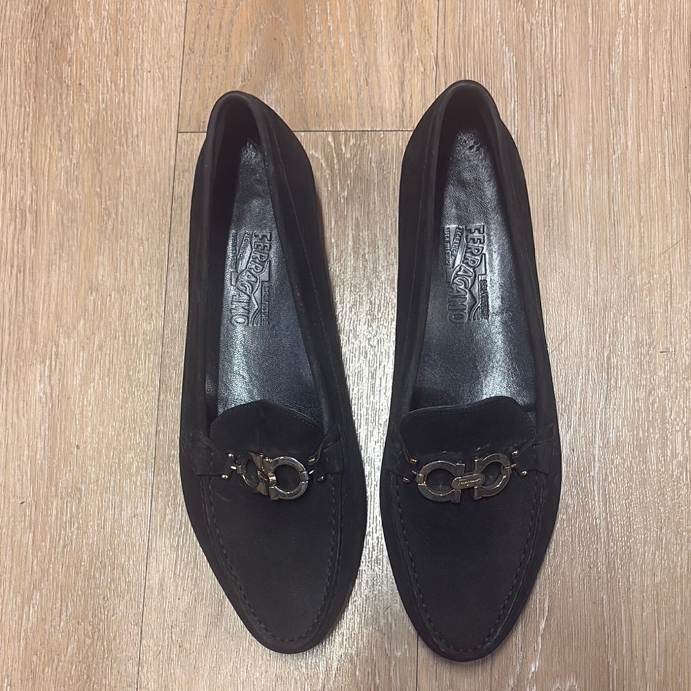 Womens Salvatore Ferragamo Black Suede Loafers with Gold Horsebit 12B